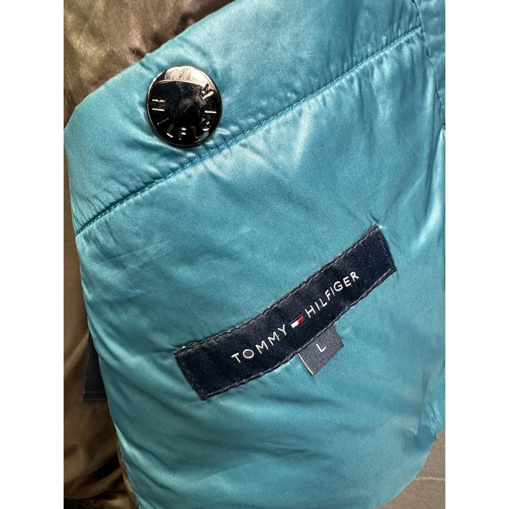 Tommy Hilfiger Men's Puffer Vest Teal‎ Blue Hooded Quilted Full Zip Size Large
